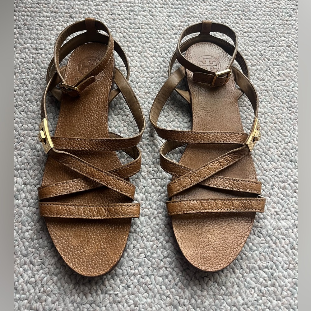 Tory Burch Brown Leather Strappy Sandals with Gold Buckle
